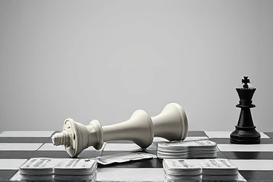 Overturned chess king and airline tickets symbolizing business defeat.