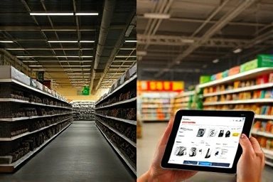 Contrast between outdated retail and modern e-commerce experience.