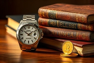 Rolex watch with financial books and gold coin, representing timeless asset value.
