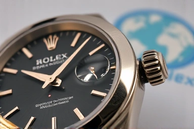 Close-up of Rolex watch, intricate details, subtle philanthropic background.