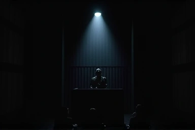 Silhouette in a courtroom, representing judgment and downfall.