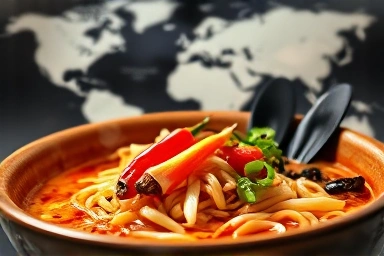 Steaming spicy ramen bowl, global reach, digital influence