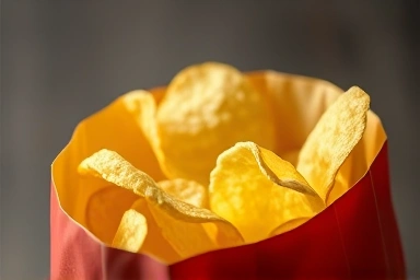 Crisp potato chip protected by science in a puffed snack bag.