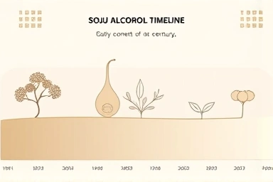 So-ju alcohol content evolution timeline, traditional Korean art style.