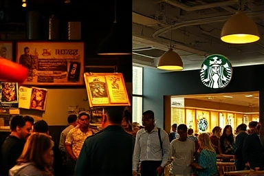 Contrast of past chaotic cafe vs. present inviting Starbucks experience