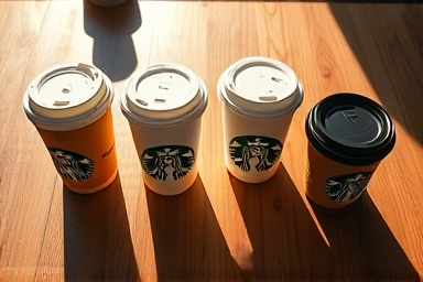 Starbucks cup sizes arranged artfully on a wooden table.