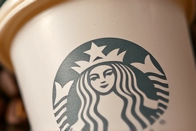 Close-up texture of a Starbucks cup with blurred coffee beans.