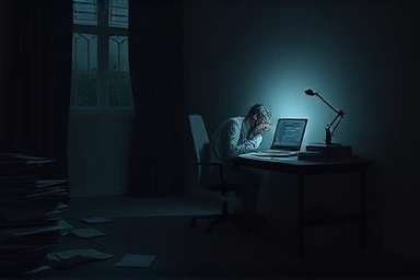 Exhausted founder in dim office, symbolizing burnout and isolation.