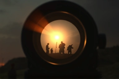 Symbolic lens focusing on vision, with sacrifices in background.