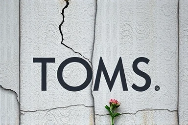 Fading TOMS logo on a crumbling wall, with a wilting flower.