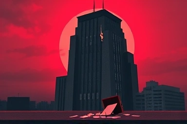 Metaphor for business crisis, crumbling corporate building, financial ruin.