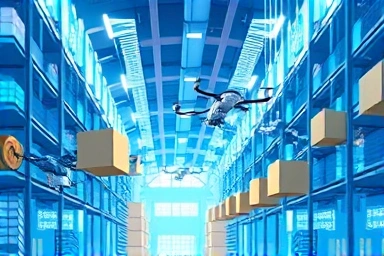 Futuristic logistics hub with AI-powered robots and drones