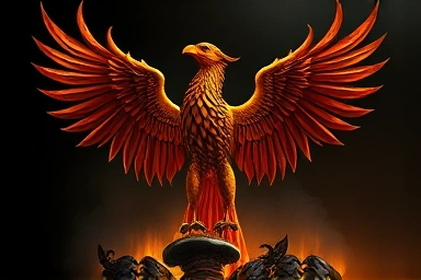 Phoenix rising from ashes, symbolic rebirth of Versace brand.