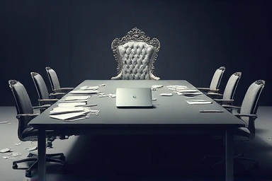 Overturned boardroom table symbolizing business failure and fallen leadership.