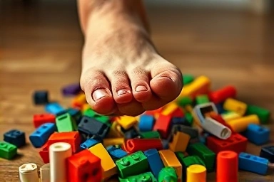 Foot about to step on painful LEGO bricks