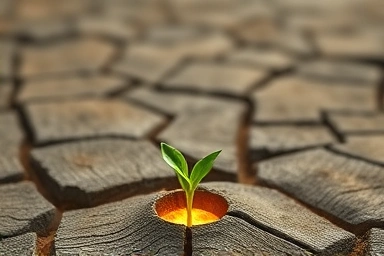 Unique seedling breaking through barren ground, symbolizing creation.