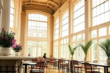 Historic cafe interior with vintage charm and natural light.
