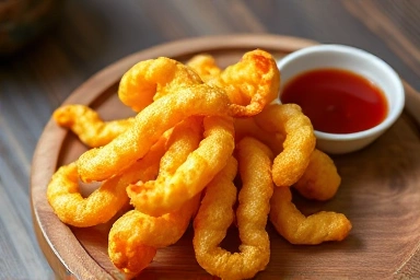 Crispy golden squid tempura on a wooden plate.