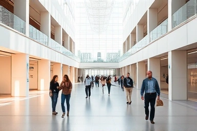 Modern architectural complex with people enjoying the space