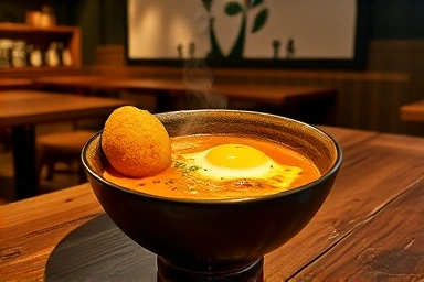 Steaming Japanese curry with egg and croquette in cozy restaurant.