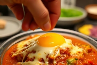 Hand breaking egg yolk over baked cheese curry, delicious anticipation.