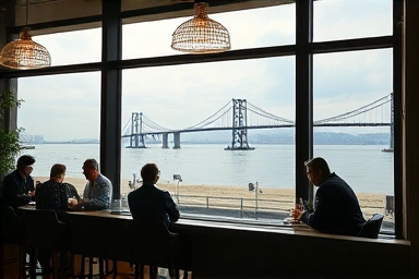 Interior of Busan cafe with ocean and bridge view