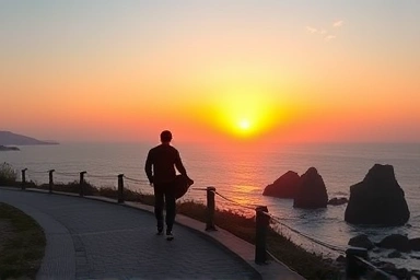 Couple walking Igidae Coastal Walk, sunset, scenic Busan view