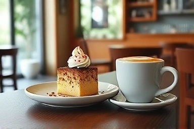 Artisanal coffee and signature dessert in cozy cafe
