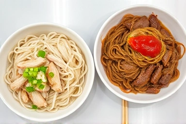 Close-up of two Korean cold noodle bowls, distinct toppings.