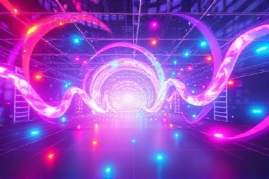 Immersive digital art installation with swirling lights and abstract forms.