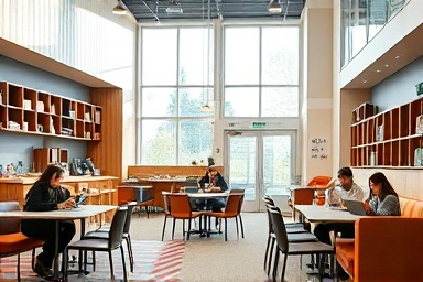 Modern study cafe interior with focused students and natural light.