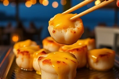 Melted cheese scallops, close-up, Busan seafood dining