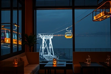 Cozy rooftop cafe interior, Busan night ocean view, romantic ambiance