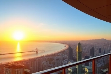 Busan city skyline panorama at sunset from observation deck