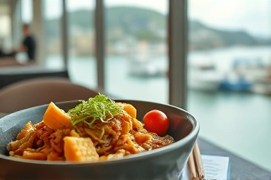 Delicious Korean breakfast 'Dwaeji Gukbap' with a subtle sea view background.