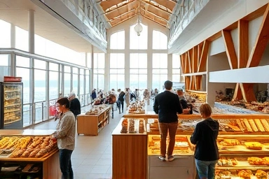 Diverse pastries and spacious interior of a Busan cafe