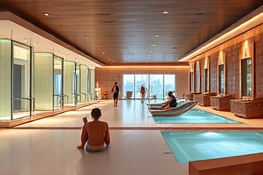 Modern spa with diverse relaxation zones and happy visitors.