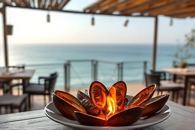 Ocean view terrace with grilled shellfish