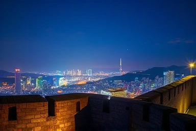 Busan night view from historic fortress, cityscape at night