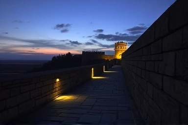 Peaceful fortress path at twilight, historic watchtower view