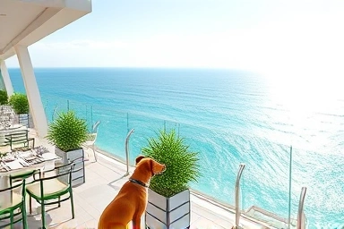 Spacious cafe terrace with ocean view and happy dog