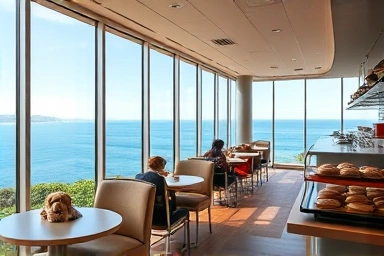 Modern cafe interior with ocean view and pets