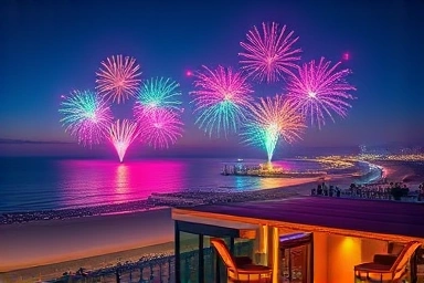 Gwangalli Beach drone show viewed from a cafe