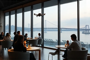 Cafe interior with panoramic view of Gwangalli drone show