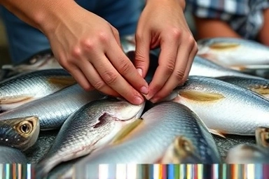 Expert hands selecting the freshest fish at a Korean seafood market.