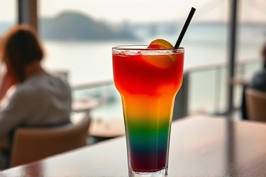 Signature colorful drink at Gwangalli cafe with ocean view.