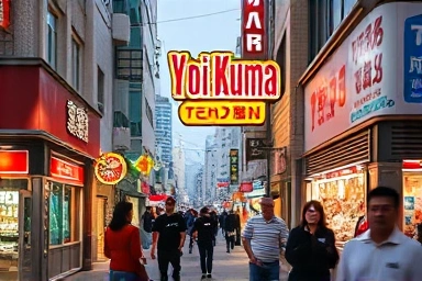 Gwangalli street scene with Yoi-Kuma Tendon restaurant sign