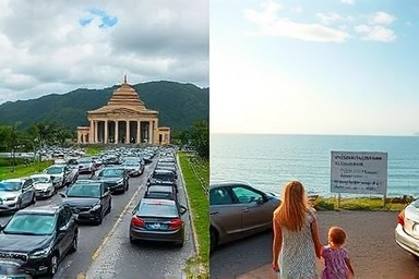 Contrast of crowded temple parking vs. peaceful coastal walk