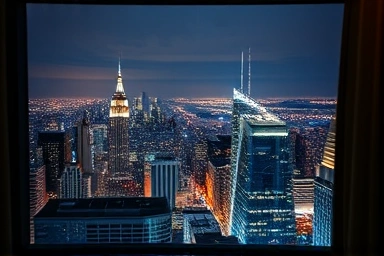 Panoramic city skyline at night viewed from a high-rise apartment.