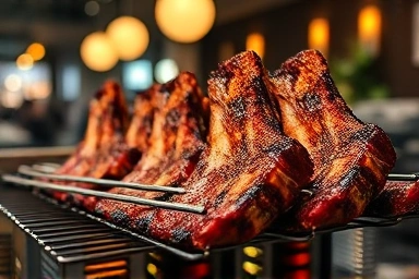 Sizzling Korean beef ribs on a grill, delicious food photography.